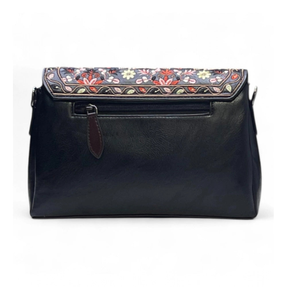 Women's Polyurethane Floral Embroidered Crossbody Sling Bag with Adjustable & Removable Strap (Black) - POPNOVA