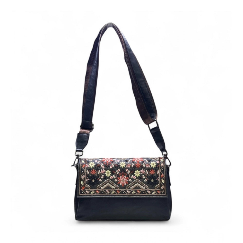 Women's Polyurethane Floral Embroidered Crossbody Sling Bag with Adjustable & Removable Strap (Black) - POPNOVA