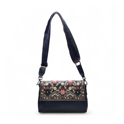 Women's Polyurethane Floral Embroidered Crossbody Sling Bag with Adjustable & Removable Strap (Black) - POPNOVA