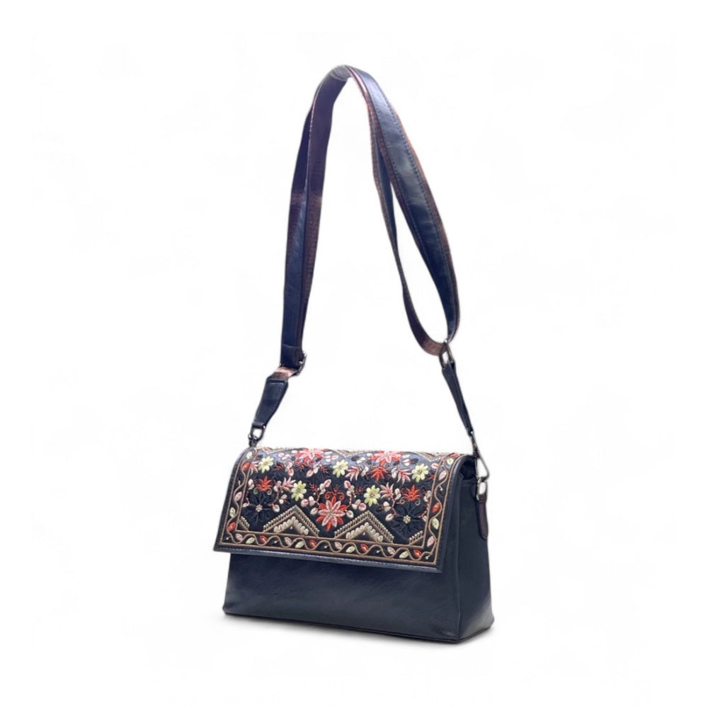 Women's Polyurethane Floral Embroidered Crossbody Sling Bag with Adjustable & Removable Strap (Black) - POPNOVA