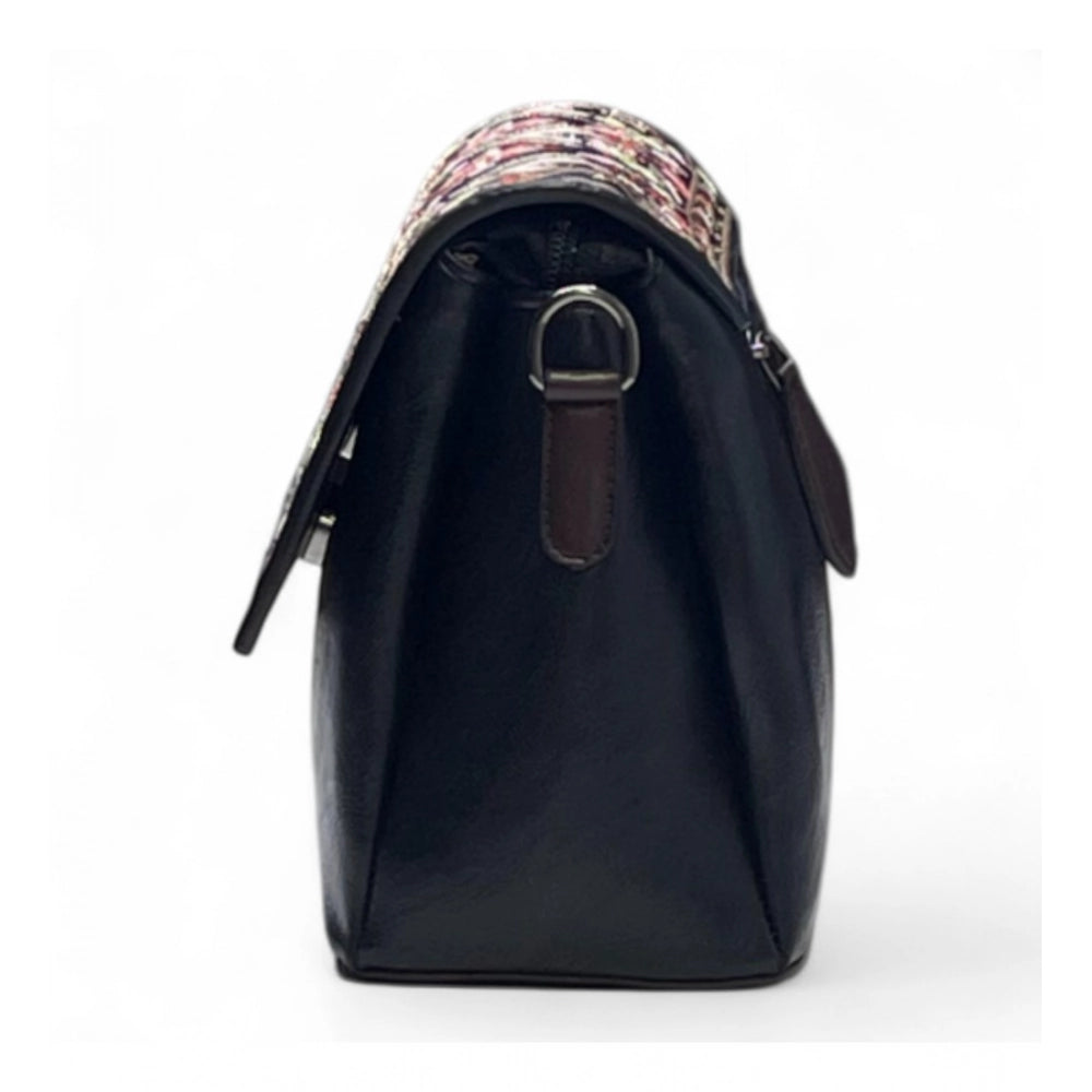 Women's Polyurethane Floral Embroidered Crossbody Sling Bag with Adjustable & Removable Strap (Black) - POPNOVA