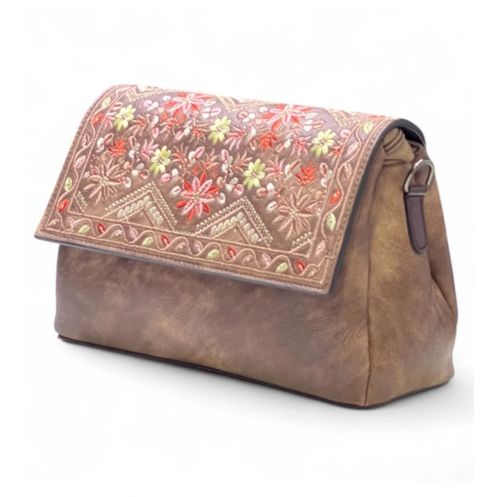 Women's Polyurethane Floral Embroidered Crossbody Sling Bag with Adjustable & Removable Strap (Brown) - POPNOVA
