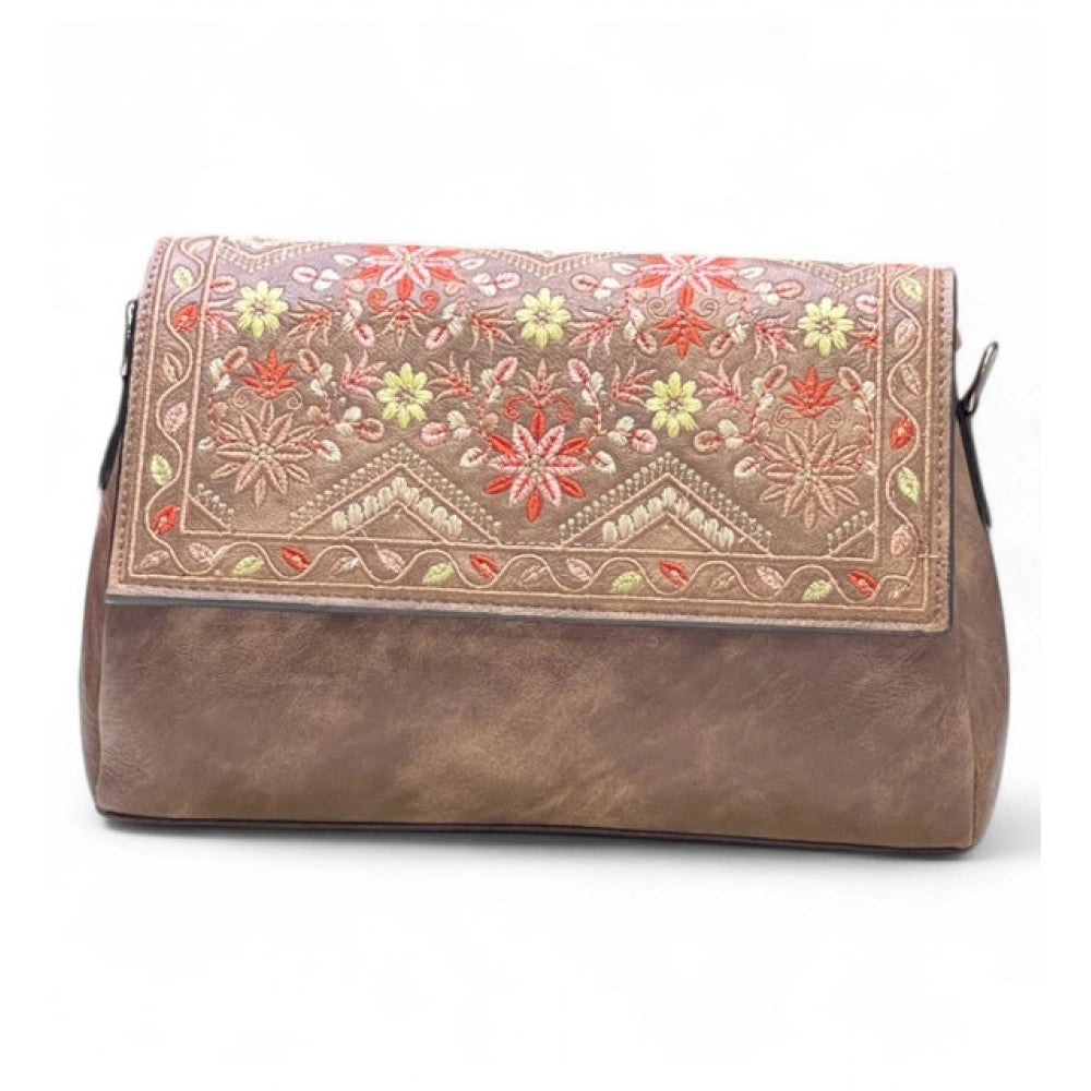 Women's Polyurethane Floral Embroidered Crossbody Sling Bag with Adjustable & Removable Strap (Brown) - POPNOVA