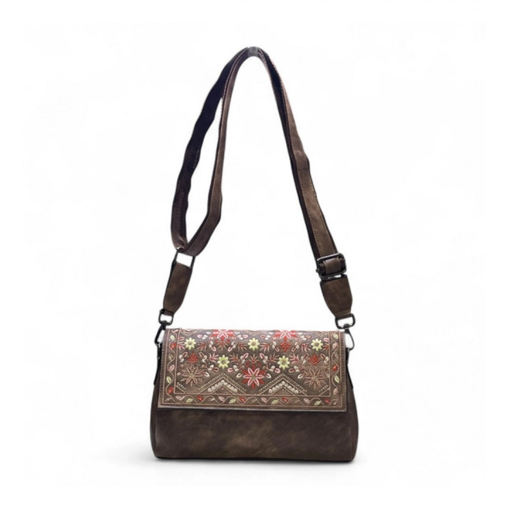 Women's Polyurethane Floral Embroidered Crossbody Sling Bag with Adjustable & Removable Strap (Brown) - POPNOVA