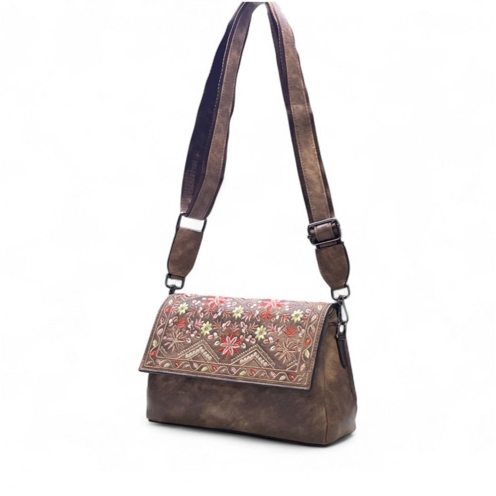 Women's Polyurethane Floral Embroidered Crossbody Sling Bag with Adjustable & Removable Strap (Brown) - POPNOVA