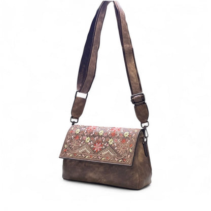 Women's Polyurethane Floral Embroidered Crossbody Sling Bag with Adjustable & Removable Strap (Brown) - POPNOVA