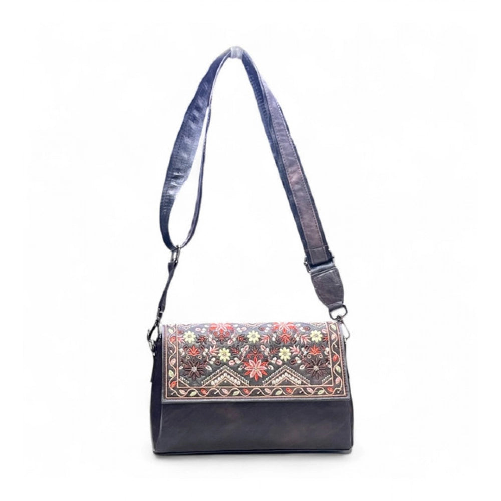 Women's Polyurethane Floral Embroidered Crossbody Sling Bag with Adjustable & Removable Strap (Coffee) - POPNOVA