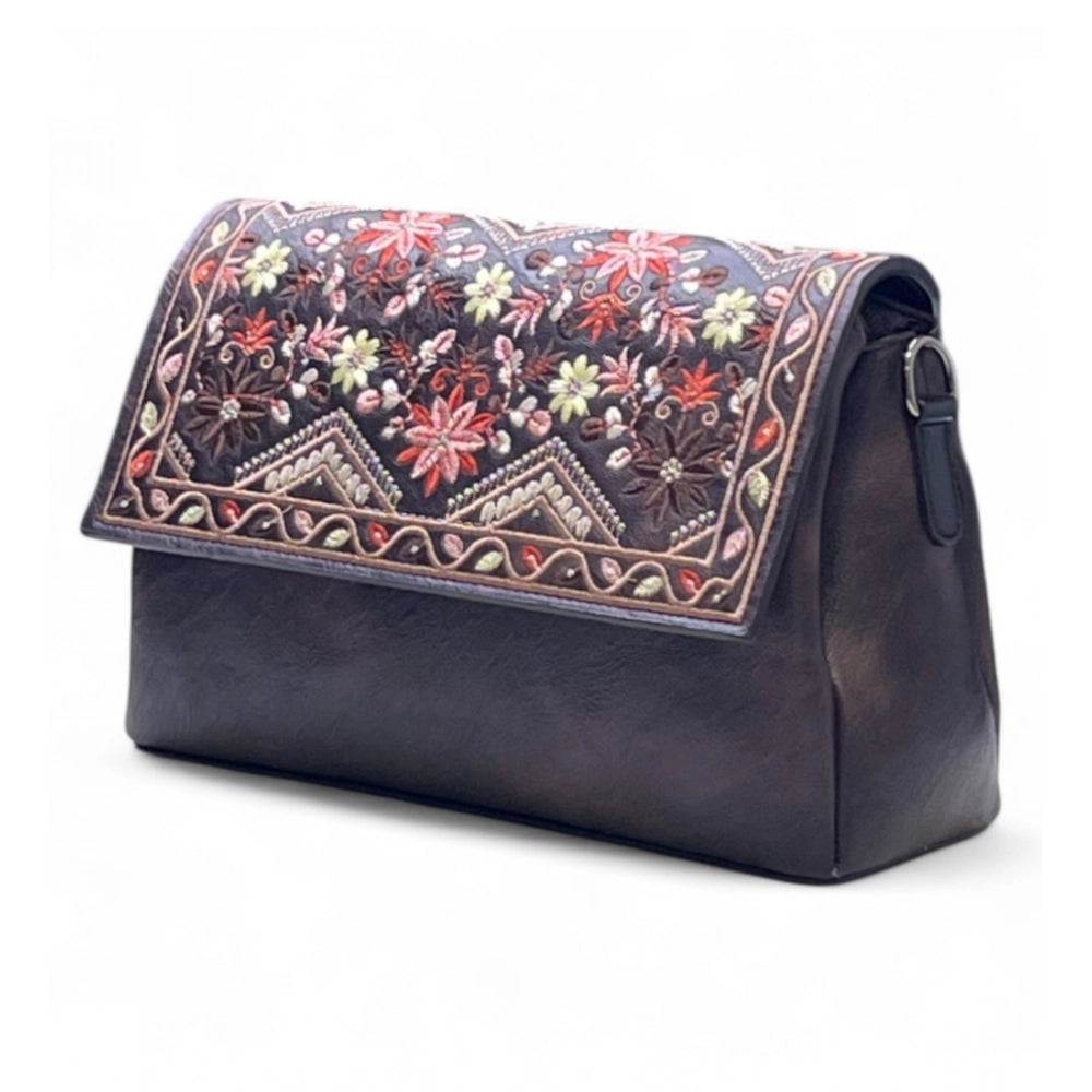 Women's Polyurethane Floral Embroidered Crossbody Sling Bag with Adjustable & Removable Strap (Coffee) - POPNOVA