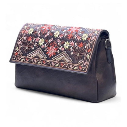 Women's Polyurethane Floral Embroidered Crossbody Sling Bag with Adjustable & Removable Strap (Coffee) - POPNOVA