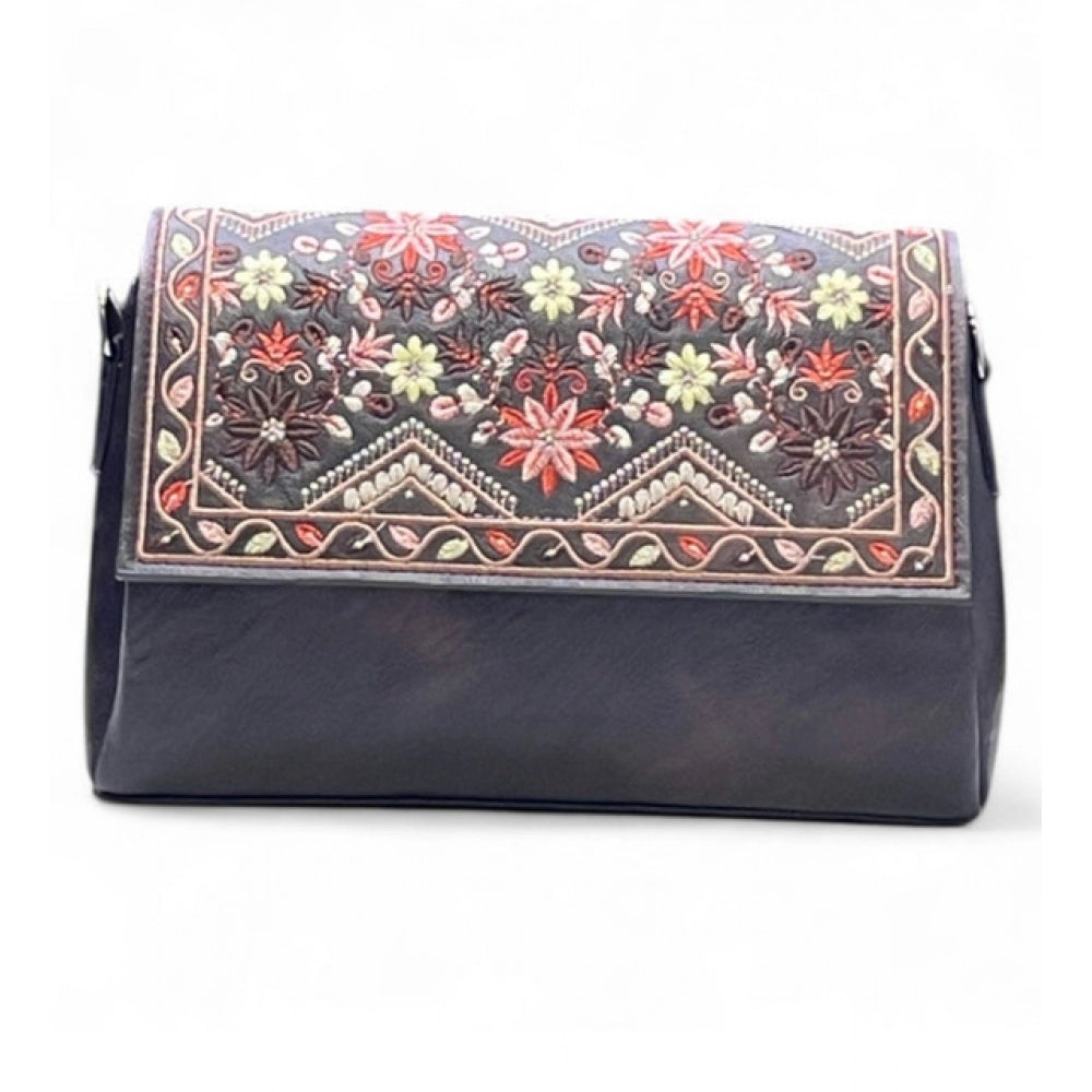 Women's Polyurethane Floral Embroidered Crossbody Sling Bag with Adjustable & Removable Strap (Coffee) - POPNOVA