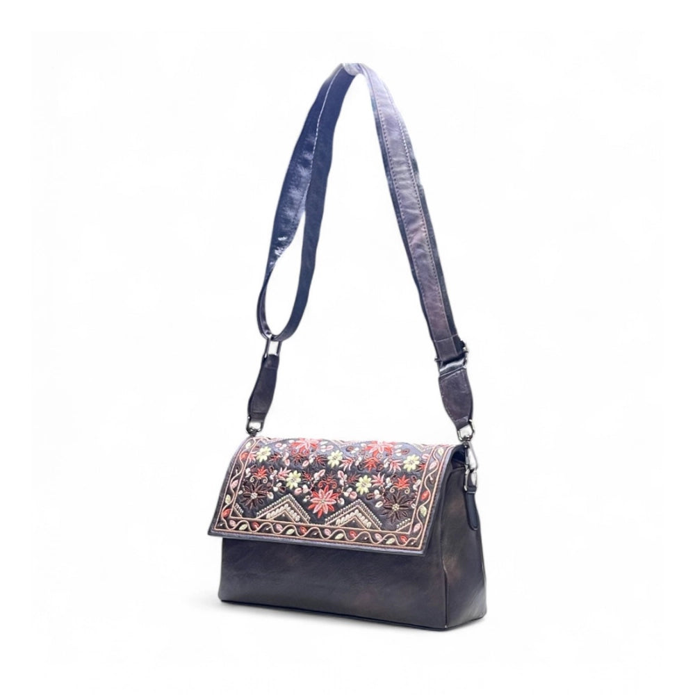 Women's Polyurethane Floral Embroidered Crossbody Sling Bag with Adjustable & Removable Strap (Coffee) - POPNOVA