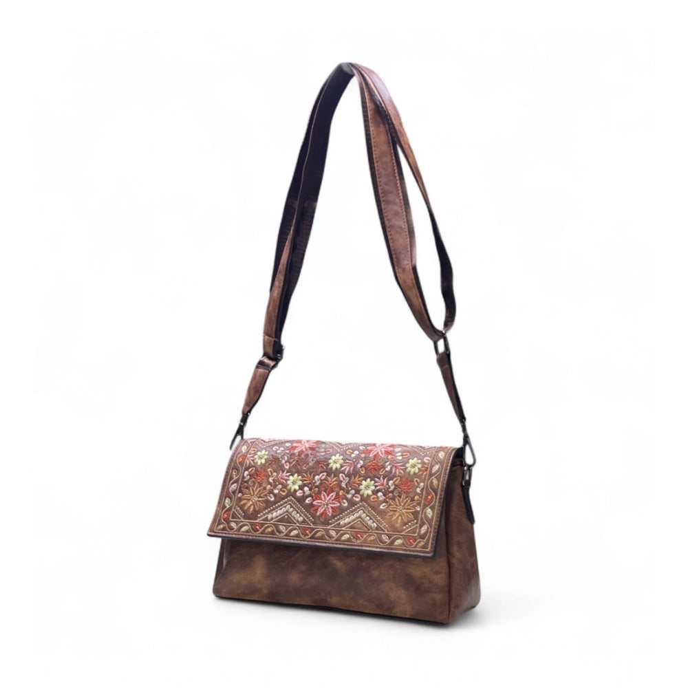 Women's Polyurethane Floral Embroidered Crossbody Sling Bag with Adjustable & Removable Strap (Dark Brown) - POPNOVA