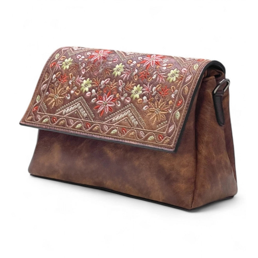 Women's Polyurethane Floral Embroidered Crossbody Sling Bag with Adjustable & Removable Strap (Dark Brown) - POPNOVA