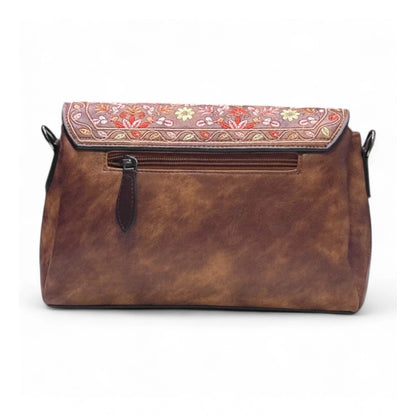 Women's Polyurethane Floral Embroidered Crossbody Sling Bag with Adjustable & Removable Strap (Dark Brown) - POPNOVA