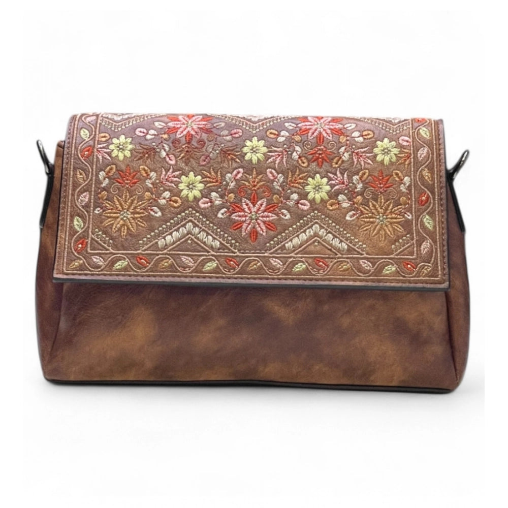Women's Polyurethane Floral Embroidered Crossbody Sling Bag with Adjustable & Removable Strap (Dark Brown) - POPNOVA