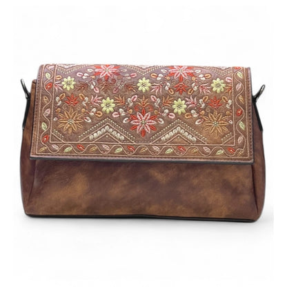 Women's Polyurethane Floral Embroidered Crossbody Sling Bag with Adjustable & Removable Strap (Dark Brown) - POPNOVA
