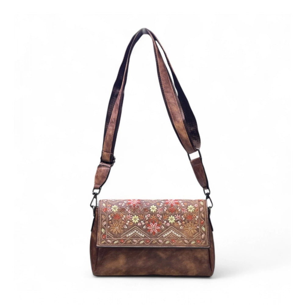 Women's Polyurethane Floral Embroidered Crossbody Sling Bag with Adjustable & Removable Strap (Dark Brown) - POPNOVA