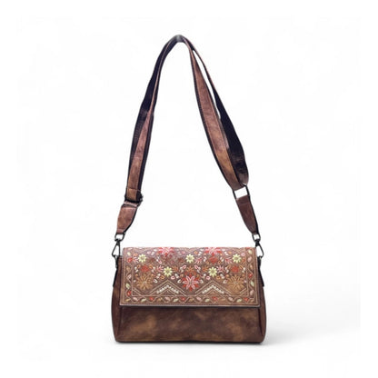 Women's Polyurethane Floral Embroidered Crossbody Sling Bag with Adjustable & Removable Strap (Dark Brown) - POPNOVA