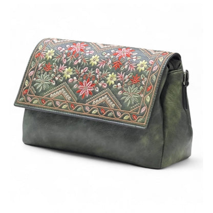 Women's Polyurethane Floral Embroidered Crossbody Sling Bag with Adjustable & Removable Strap (Green) - POPNOVA