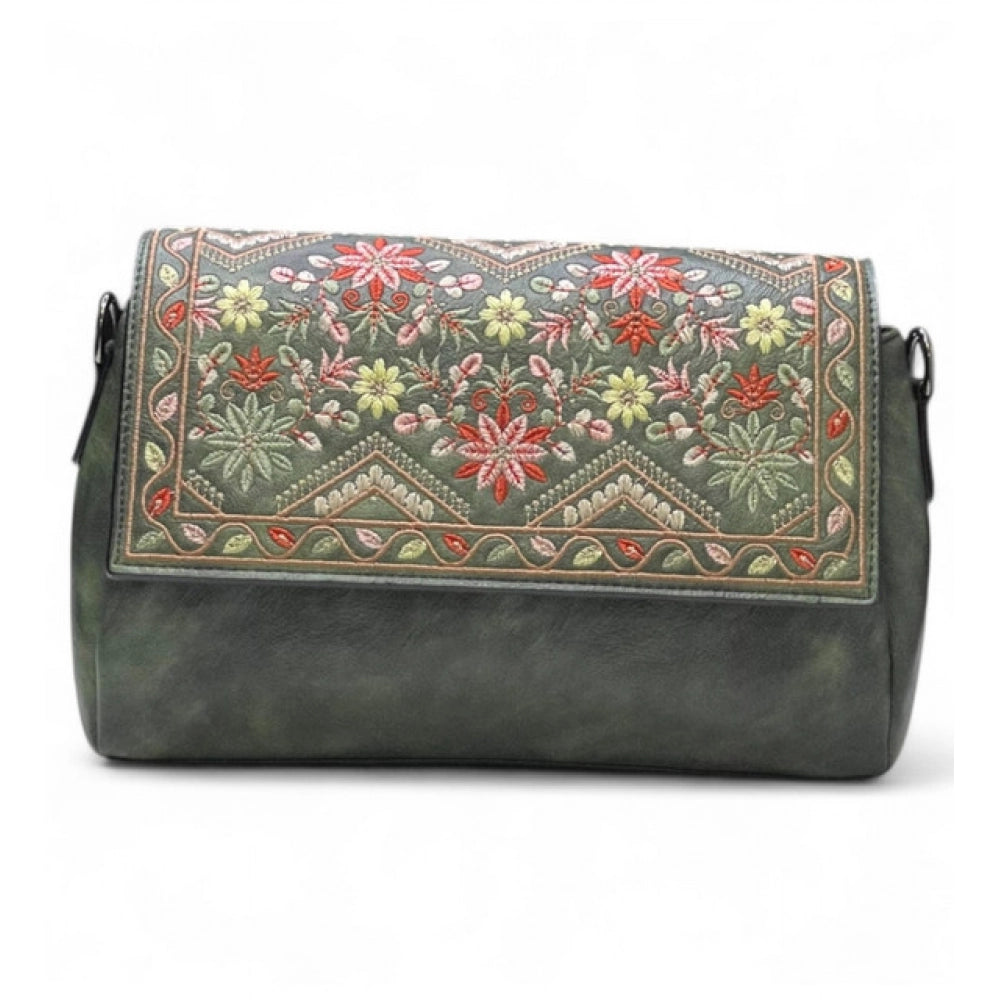 Women's Polyurethane Floral Embroidered Crossbody Sling Bag with Adjustable & Removable Strap (Green) - POPNOVA