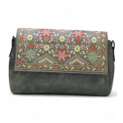 Women's Polyurethane Floral Embroidered Crossbody Sling Bag with Adjustable & Removable Strap (Green) - POPNOVA