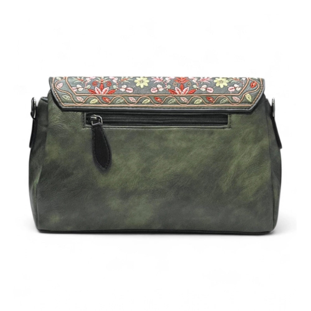 Women's Polyurethane Floral Embroidered Crossbody Sling Bag with Adjustable & Removable Strap (Green) - POPNOVA