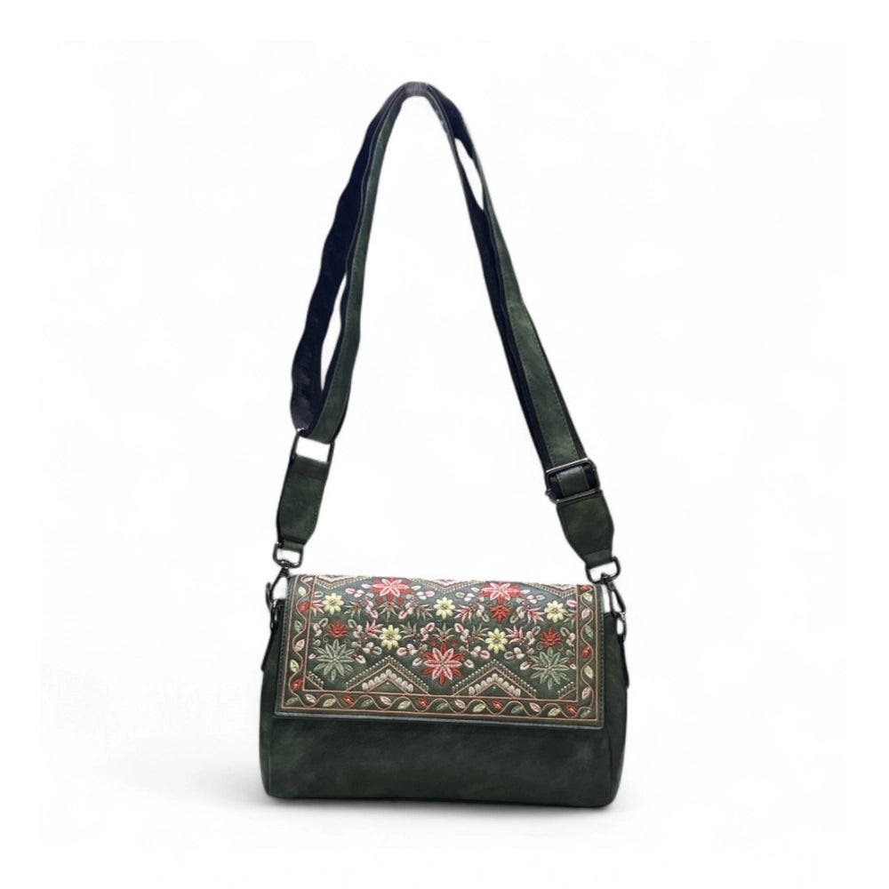 Women's Polyurethane Floral Embroidered Crossbody Sling Bag with Adjustable & Removable Strap (Green) - POPNOVA