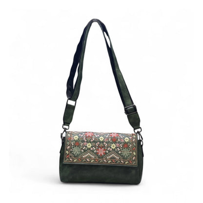 Women's Polyurethane Floral Embroidered Crossbody Sling Bag with Adjustable & Removable Strap (Green) - POPNOVA