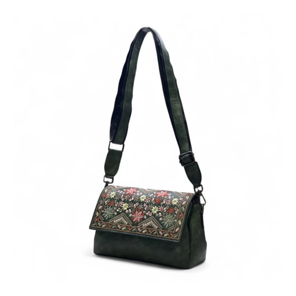 Women's Polyurethane Floral Embroidered Crossbody Sling Bag with Adjustable & Removable Strap (Green) - POPNOVA