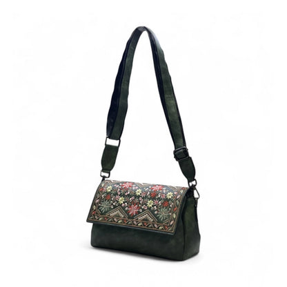 Women's Polyurethane Floral Embroidered Crossbody Sling Bag with Adjustable & Removable Strap (Green) - POPNOVA