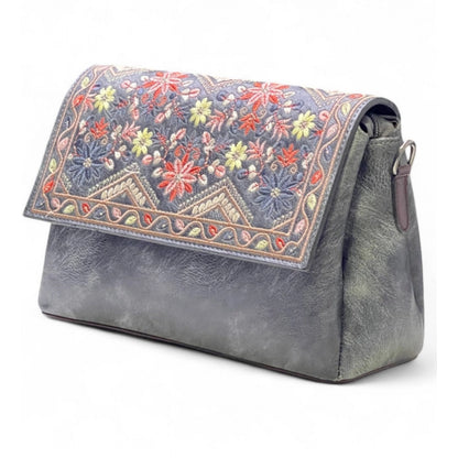 Women's Polyurethane Floral Embroidered Crossbody Sling Bag with Adjustable & Removable Strap (Grey) - POPNOVA