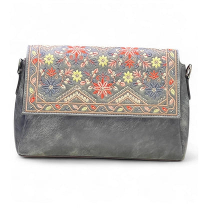Women's Polyurethane Floral Embroidered Crossbody Sling Bag with Adjustable & Removable Strap (Grey) - POPNOVA