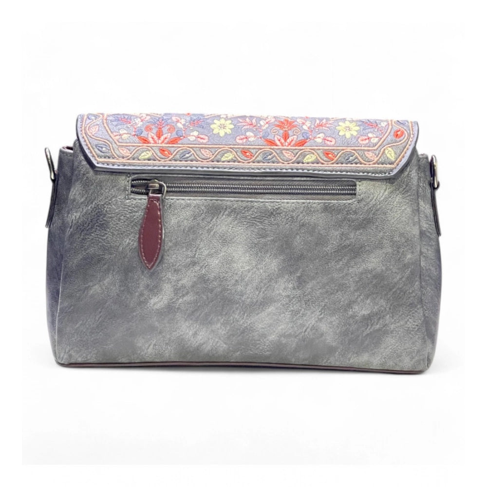 Women's Polyurethane Floral Embroidered Crossbody Sling Bag with Adjustable & Removable Strap (Grey) - POPNOVA