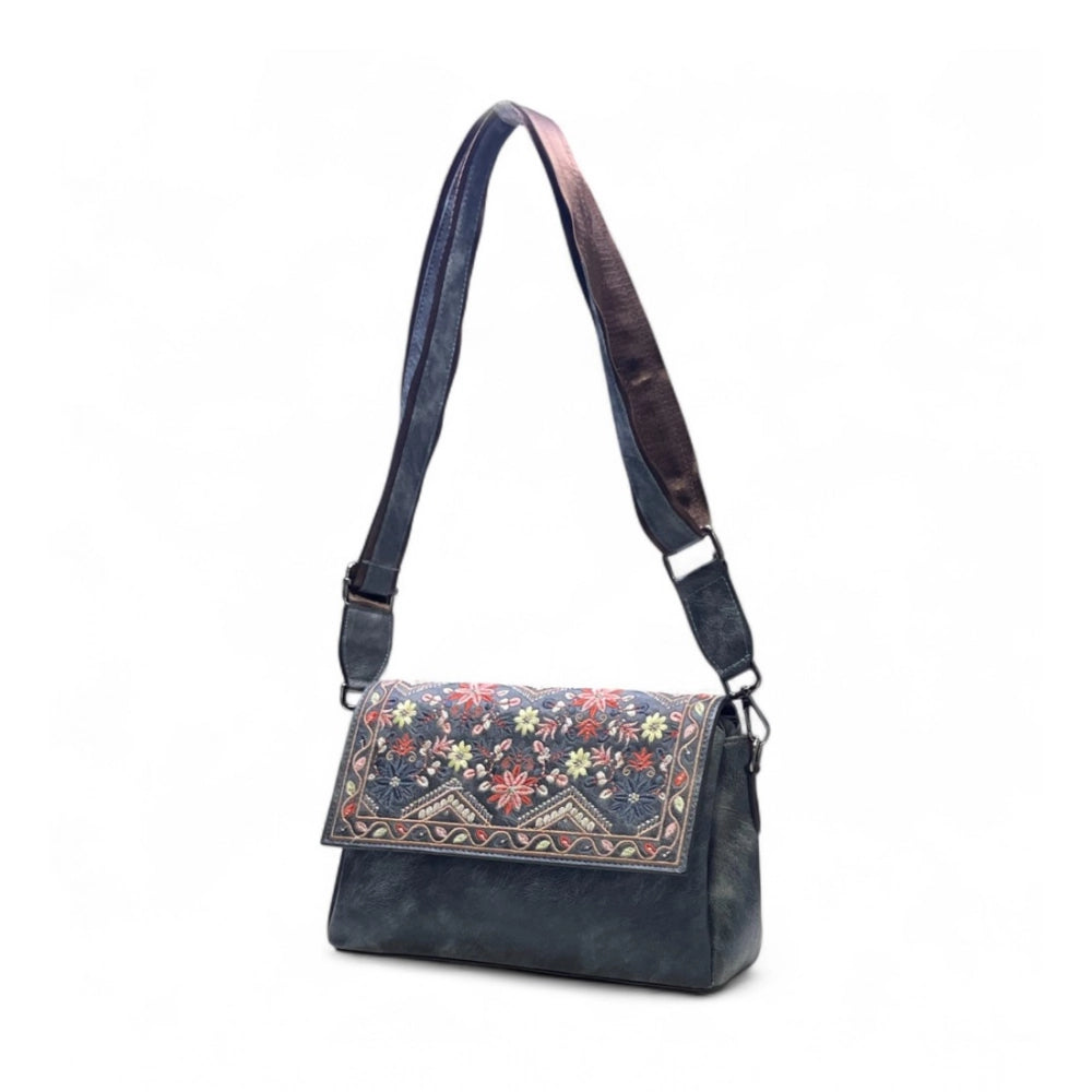 Women's Polyurethane Floral Embroidered Crossbody Sling Bag with Adjustable & Removable Strap (Grey) - POPNOVA