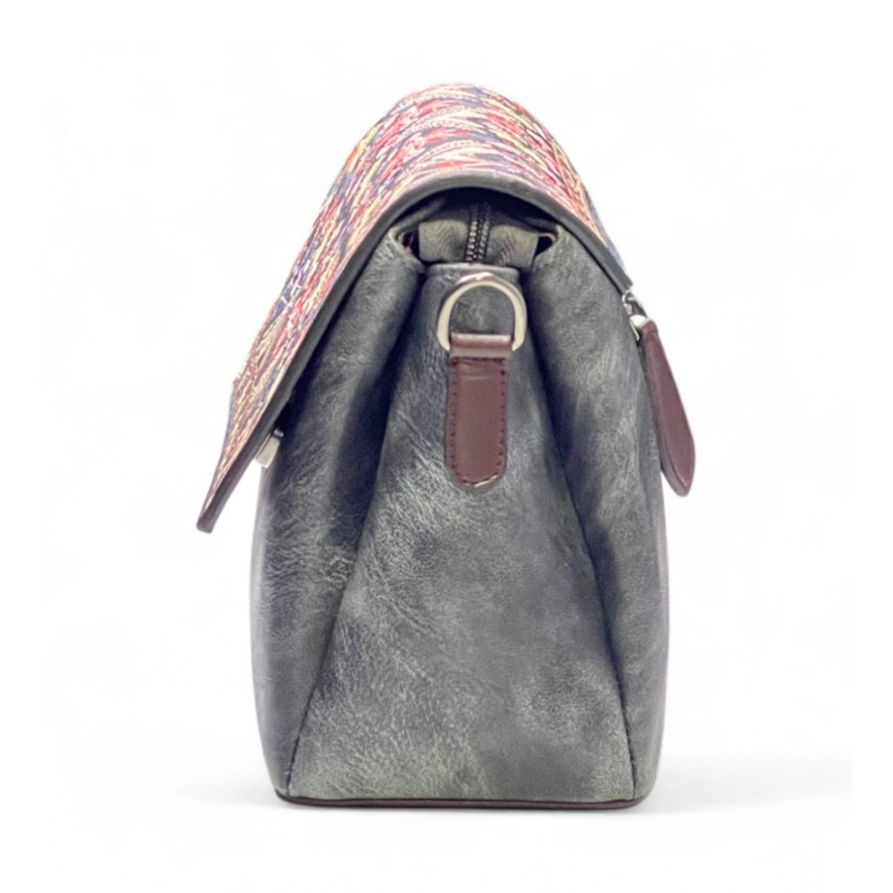 Women's Polyurethane Floral Embroidered Crossbody Sling Bag with Adjustable & Removable Strap (Grey) - POPNOVA