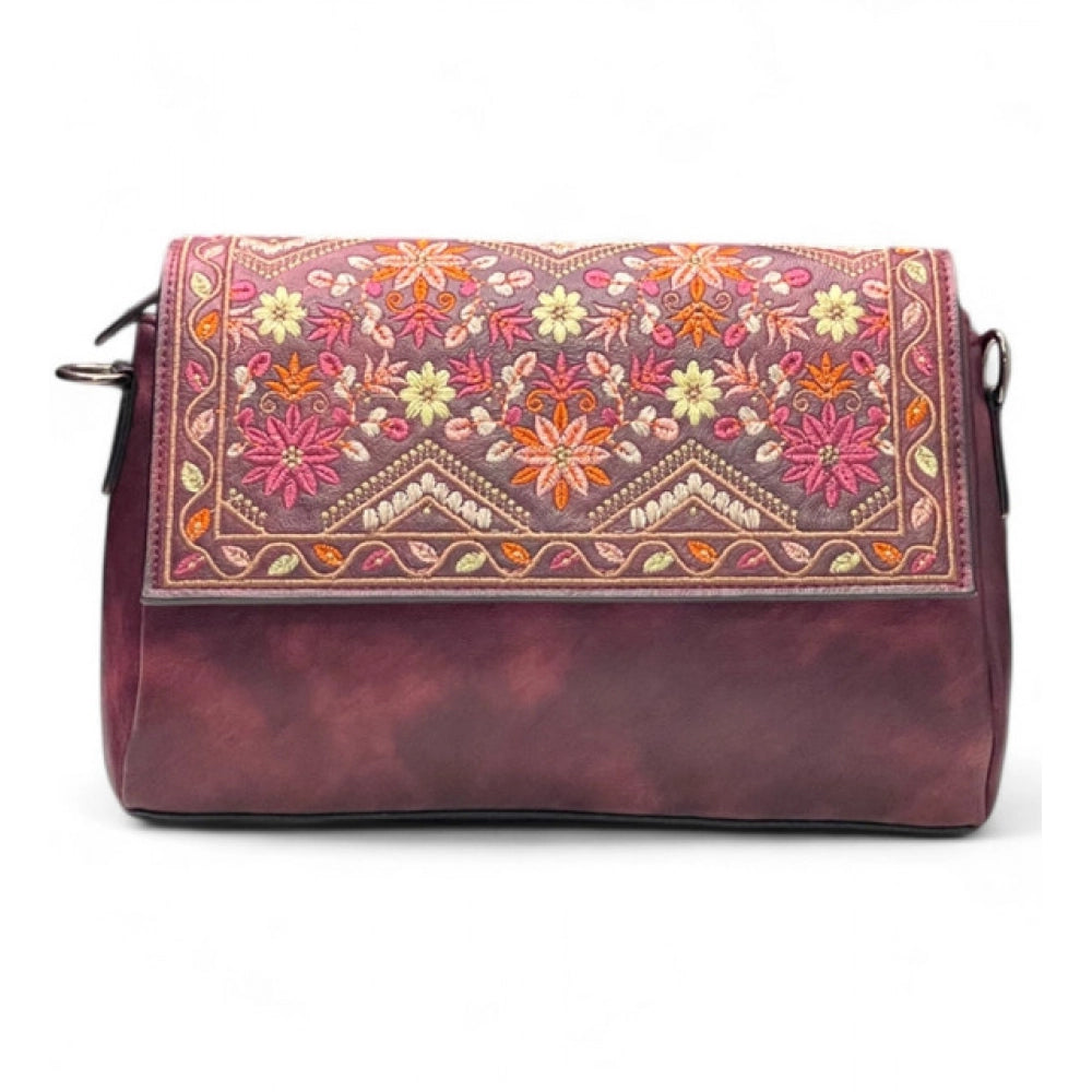 Women's Polyurethane Floral Embroidered Crossbody Sling Bag with Adjustable & Removable Strap (Red) - POPNOVA