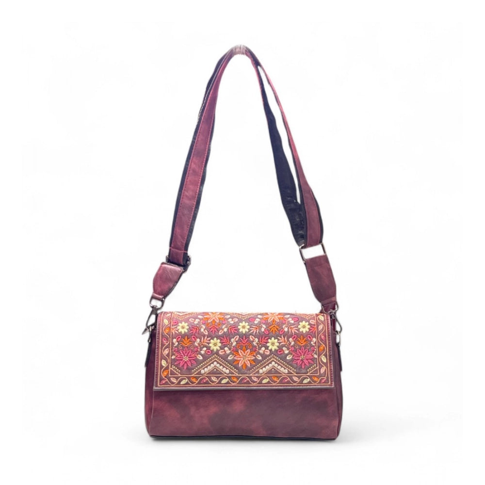 Women's Polyurethane Floral Embroidered Crossbody Sling Bag with Adjustable & Removable Strap (Red) - POPNOVA