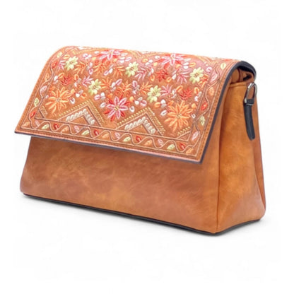 Women's Polyurethane Floral Embroidered Crossbody Sling Bag with Adjustable & Removable Strap (Tan) - POPNOVA