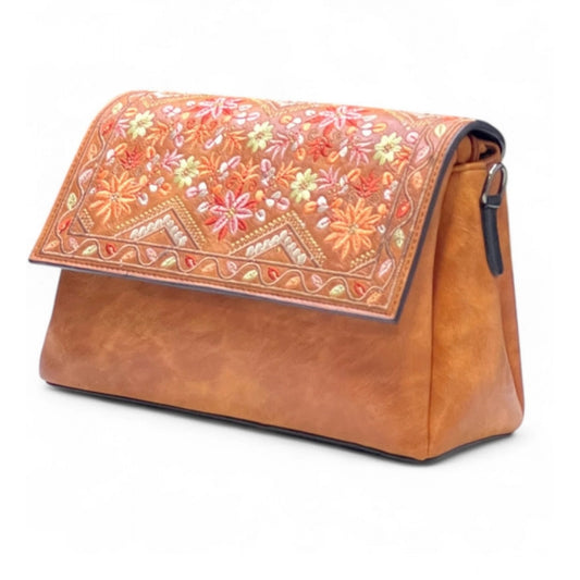 Women's Polyurethane Floral Embroidered Crossbody Sling Bag with Adjustable & Removable Strap (Tan) - POPNOVA