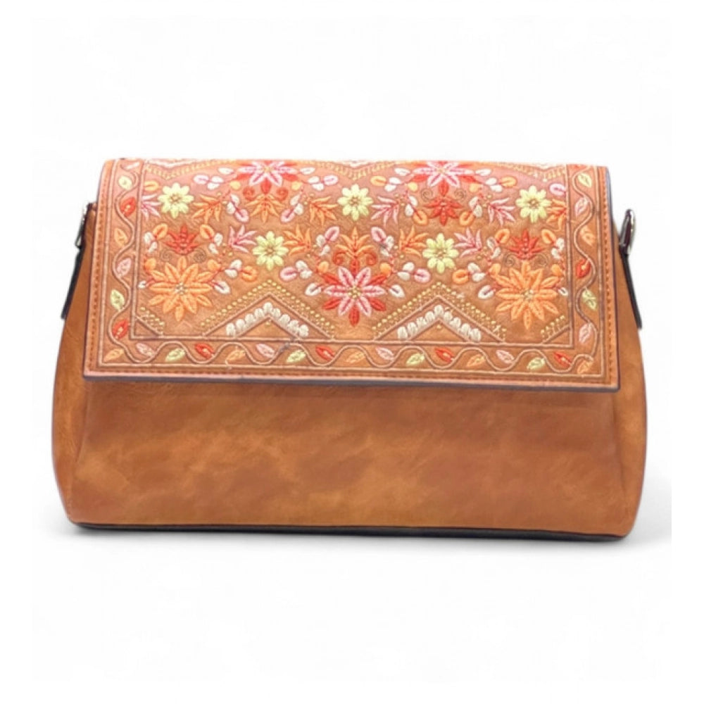 Women's Polyurethane Floral Embroidered Crossbody Sling Bag with Adjustable & Removable Strap (Tan) - POPNOVA