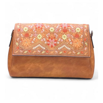 Women's Polyurethane Floral Embroidered Crossbody Sling Bag with Adjustable & Removable Strap (Tan) - POPNOVA