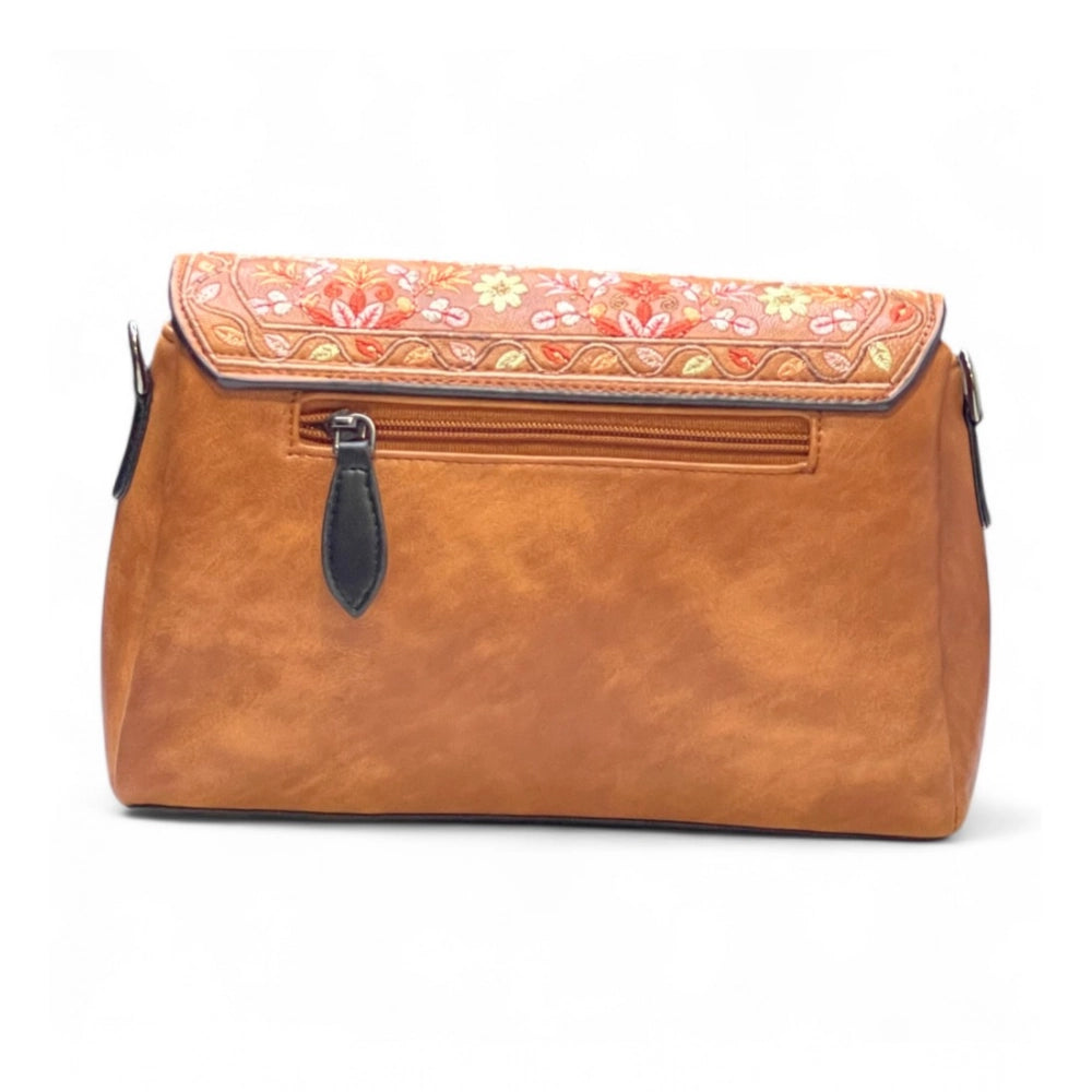Women's Polyurethane Floral Embroidered Crossbody Sling Bag with Adjustable & Removable Strap (Tan) - POPNOVA