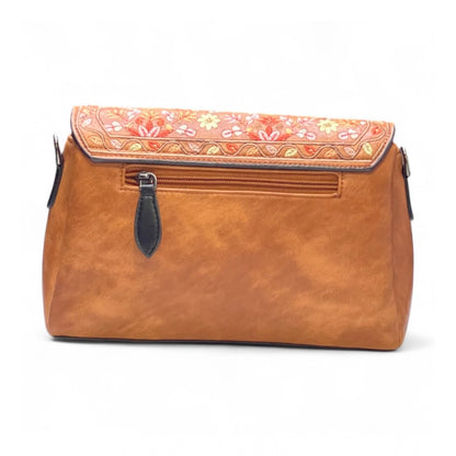 Women's Polyurethane Floral Embroidered Crossbody Sling Bag with Adjustable & Removable Strap (Tan) - POPNOVA