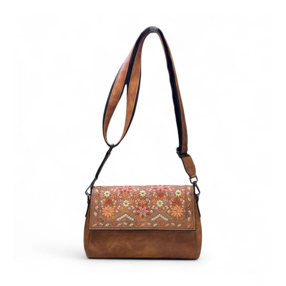 Women's Polyurethane Floral Embroidered Crossbody Sling Bag with Adjustable & Removable Strap (Tan) - POPNOVA