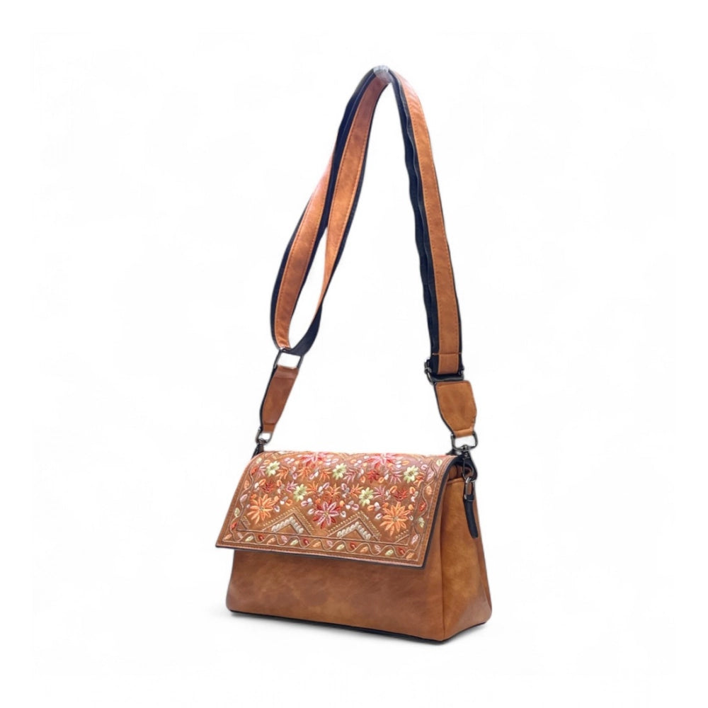 Women's Polyurethane Floral Embroidered Crossbody Sling Bag with Adjustable & Removable Strap (Tan) - POPNOVA