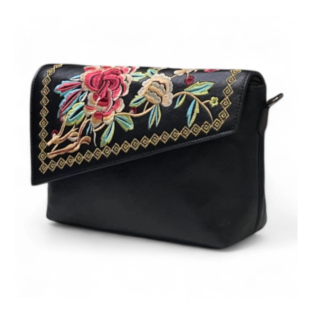 Women's Polyurethane Floral Embroidered Crossbody Sling Bag with Adjustable & Removable Strap (Black) - POPNOVA
