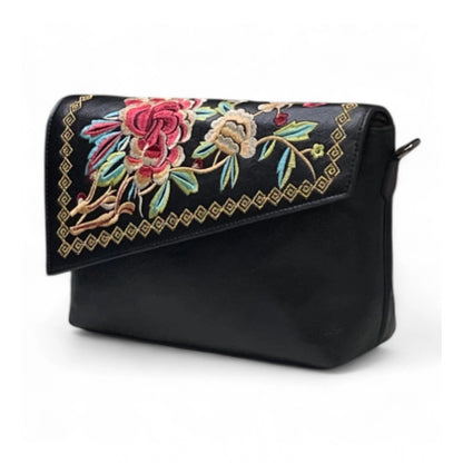 Women's Polyurethane Floral Embroidered Crossbody Sling Bag with Adjustable & Removable Strap (Black) - POPNOVA