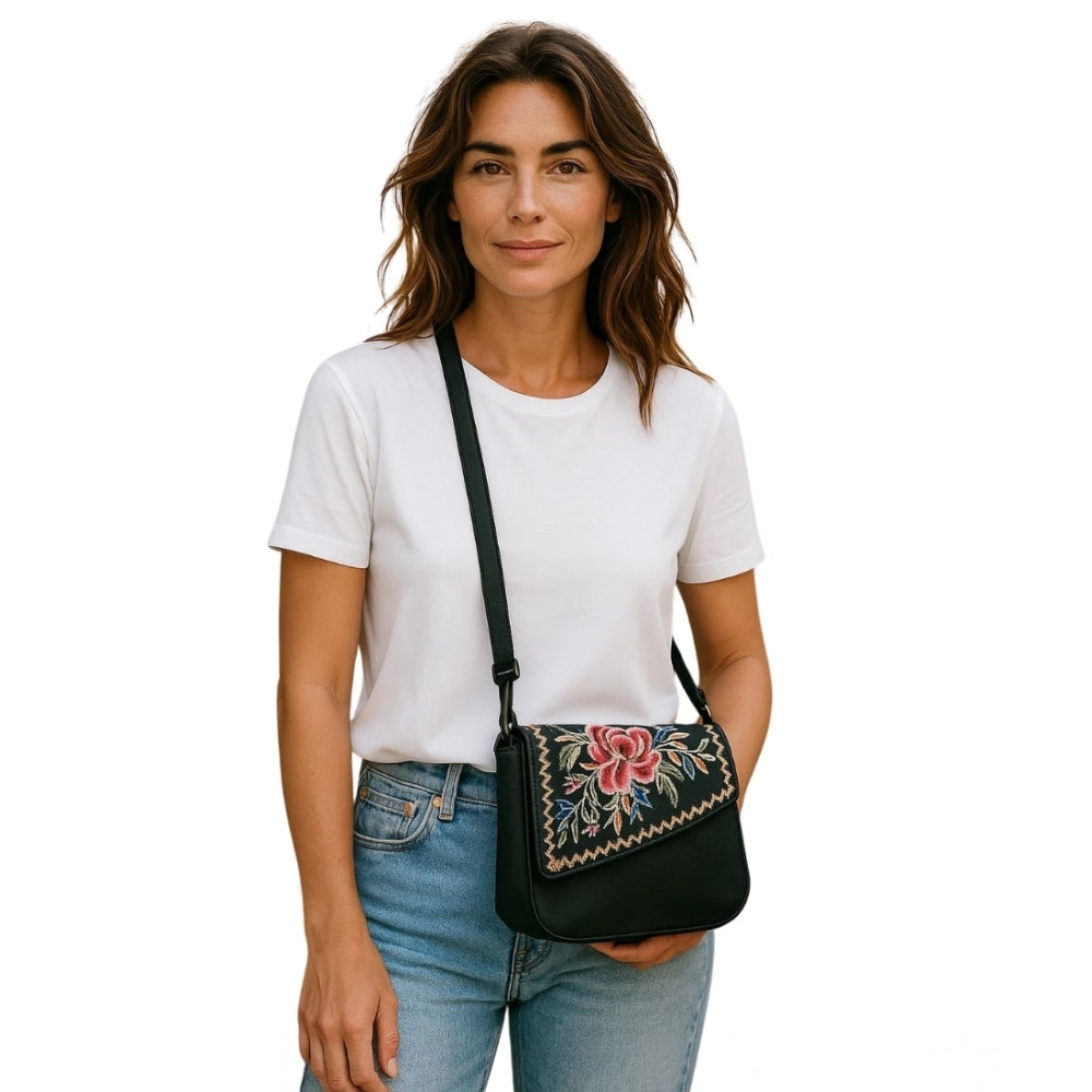 Women's Polyurethane Floral Embroidered Crossbody Sling Bag with Adjustable & Removable Strap (Black) - POPNOVA