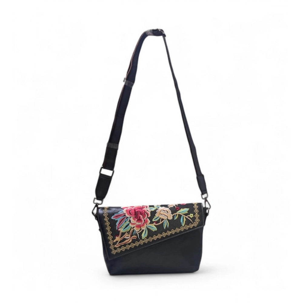 Women's Polyurethane Floral Embroidered Crossbody Sling Bag with Adjustable & Removable Strap (Black) - POPNOVA
