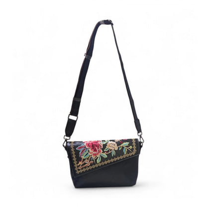 Women's Polyurethane Floral Embroidered Crossbody Sling Bag with Adjustable & Removable Strap (Black) - POPNOVA
